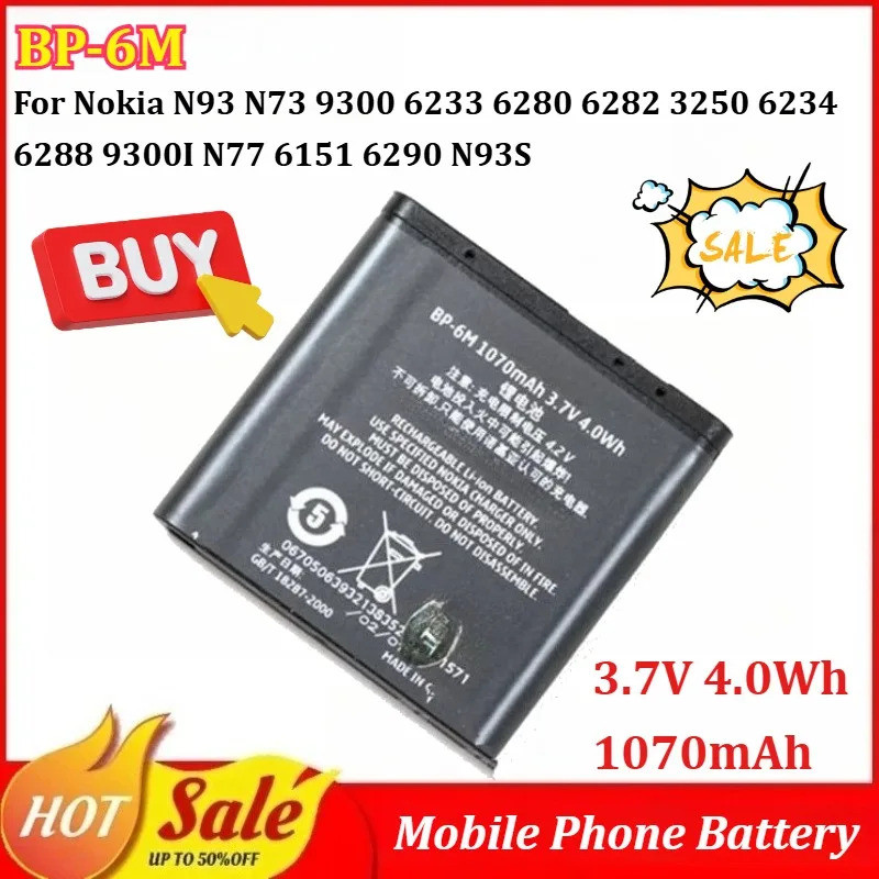 ใหม่ BP-6M 3.7V 4.0Wh 1070mAh แบตเตอรี่โทรศัพท์มือถือสําหรับ Nokia N93 N73 9300 6233 6280 6282 3250 