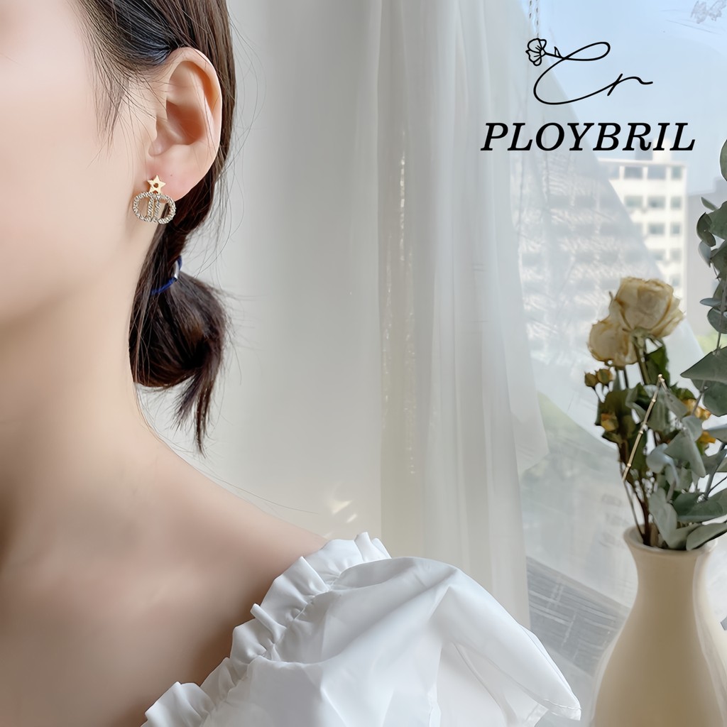 PLOYBRIL 925 เงินเข็มเวอร์ชั่นเกาหลีต่างหูหญิงดาวห้าแฉกเพทายซูเปอร์แฟลชต่างหูตัวอักษรหญิง E100