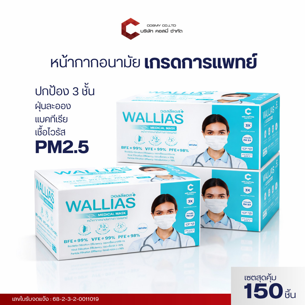 [ 3 กล่อง] หน้ากากอนามัย Wallias หนา 3 ชั้น ป้องกัน ฝุ่น PM2.5 ไวรัส แบคทีเรีย 99% Medical Mask