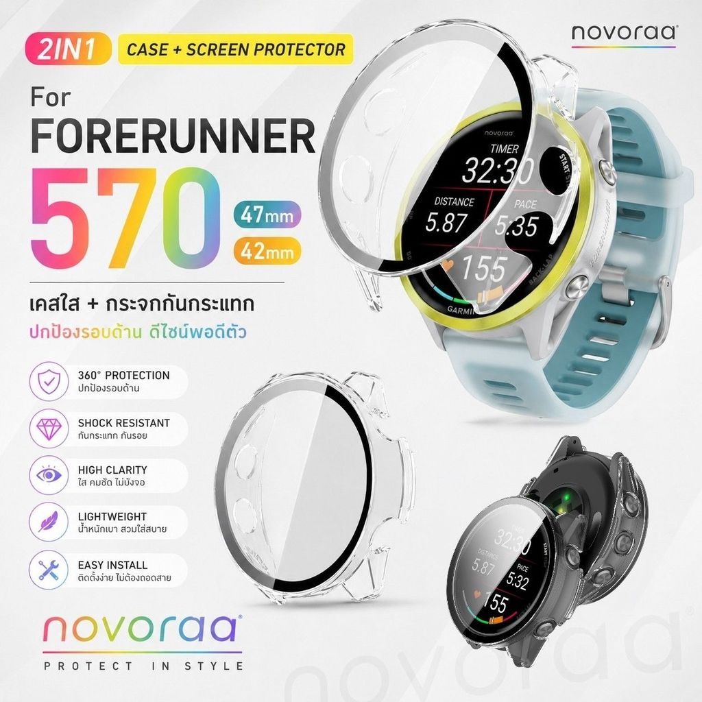 เคสใส 2in1 Garmin Forerunner 570 Case กันกระแทก หน้าปัดฟิล์มกระจก ตัวเรือนขนาด 42mm / 47mm