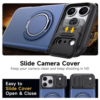 เคสสําหรับงานหนักพร้อมฝาครอบกล้องสไลด์ช่องเสียบการ์ดสําหรับปลอก IPhone 17 16 15 14 13 12 Pro Max พร้อมขาตั้งหมุนได้