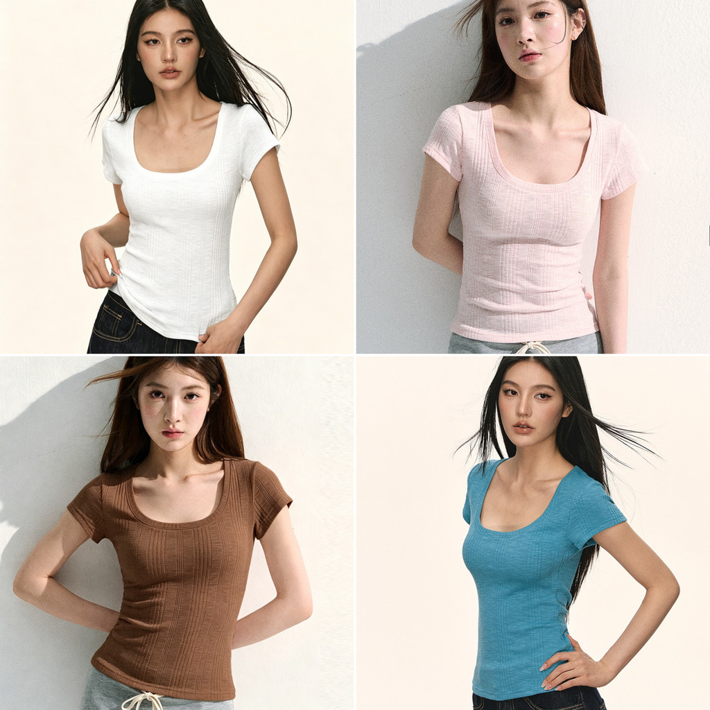 Bella Shop เสื้อยืดแฟชั่นผู้หญิง เสื้อยืดแขนสั้นถัก สไตล์สลิมสั้น สไตล์เกาหลีแสนหวาน หลายสี