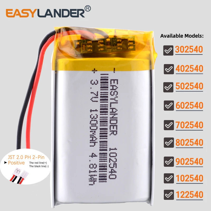JST2.0 2P 3.7V 1300mAh 102540 แบตเตอรี่ลิโพลิเมอร์ลิเธียมไอออน 302540 402540 502540 602540 702540 80
