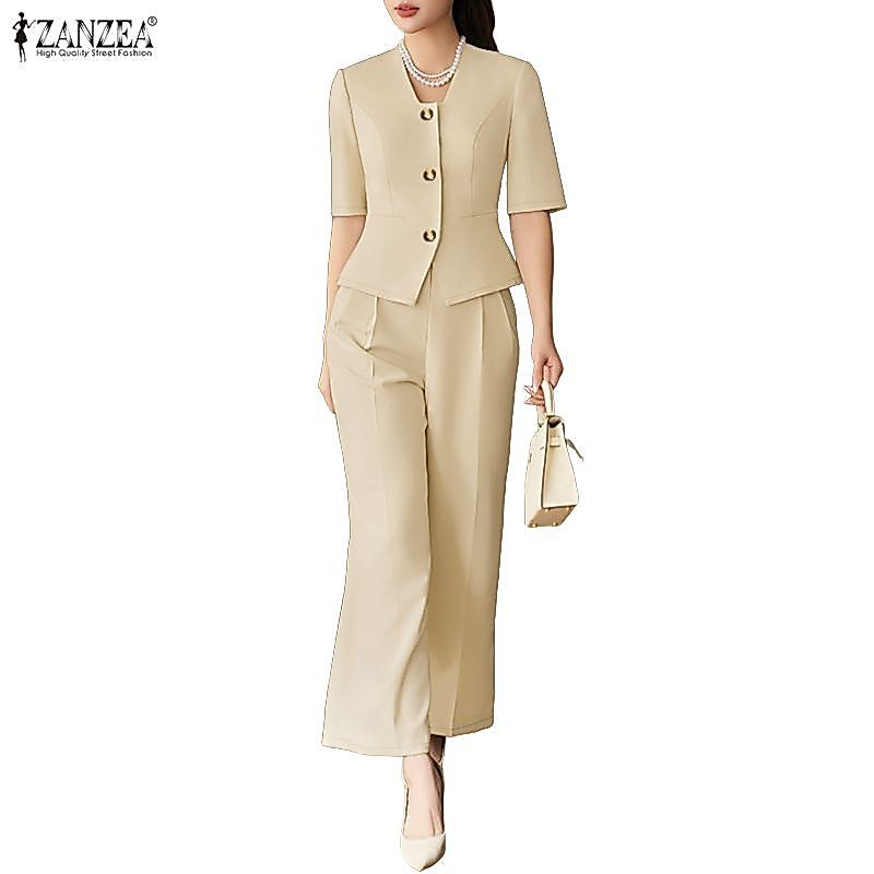 ZANZEA ชุดทำงานผู้หญิง สไตล์เกาหลีหรูหรา สำหรับใส่ที่ออฟฟิศ แขนสั้น สองชิ้น