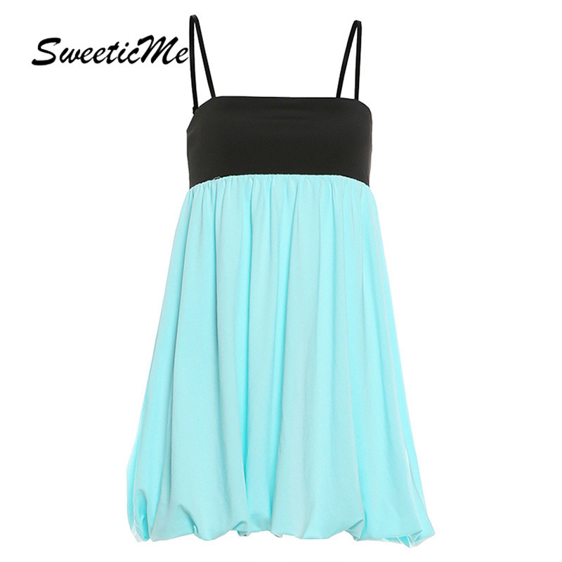 SweeticMe ชุดสตรี 2026 ใหม่แฟชั่นสีตัดกันหลวม Casual Vacation Strap Mini Dress