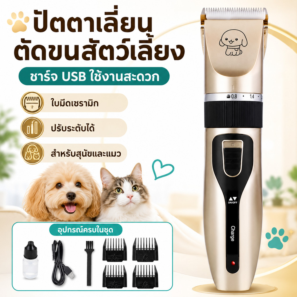 ปัตตาเลี่ยนตัดขนสัตว์ เครื่องตัดขนแมวและสุนัข ชาร์จ USB ใบมีดเซรามิก ปรับระดับได้ พร้อมหวีรอง 4 ระดับ สำหรับใช้ที่บ้าน