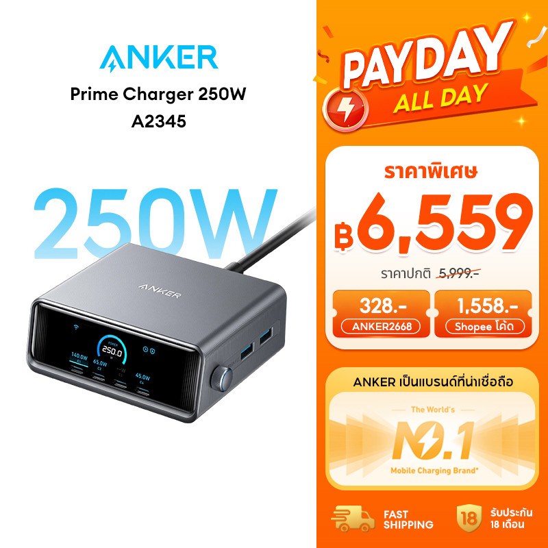 ANKER Prime Fast Charger Station หัวชาร์จ 250W 6-Port GaN USB-C  สำหรับ iPhone 17/16 Samsung S26 Ultra/Laptop A2345