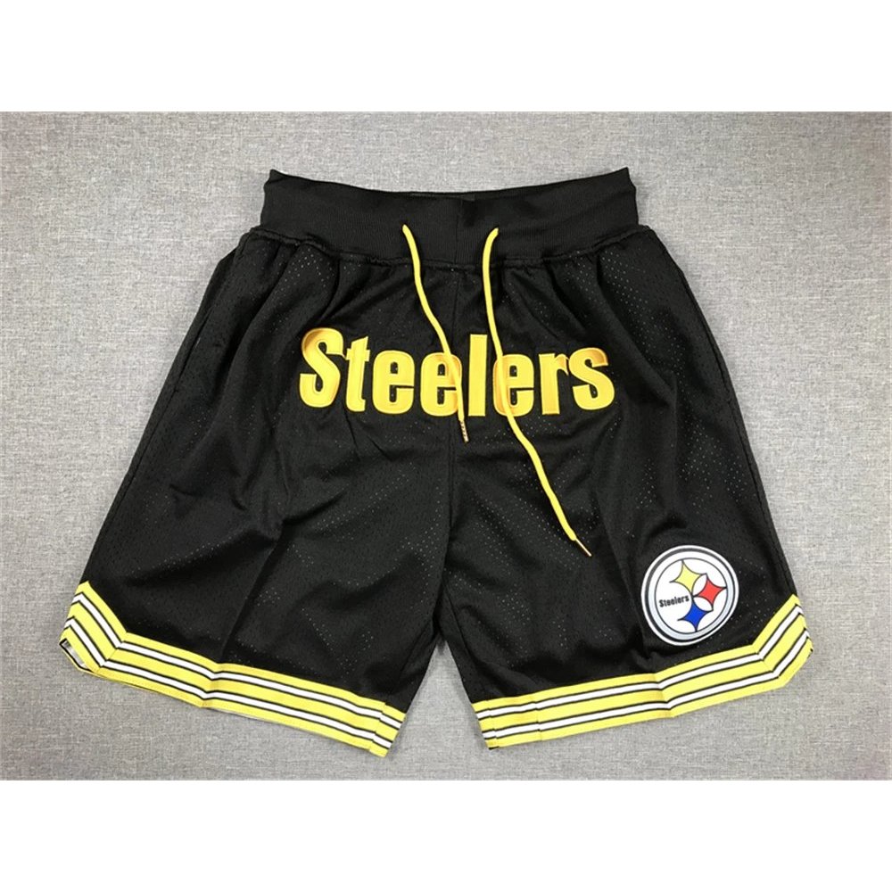 NFL Steel Man กางเกงขาสั้นสีดํา Rugby Training Drawstring Pocket Shorts กางเกงบาสเก็ตบอลตาข่ายย้อนยุ