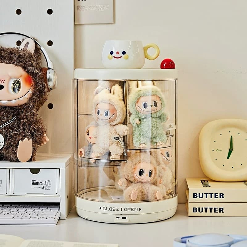 MINIHOMES ตู้โชว์โมเดล หมุนอัตโนมัติ 360° กันฝุ่น ชาร์จ USB ซ้อนต่อได้ กล่องโชว์ตุ๊กตา Pop Mart ฟิกเกอร์
