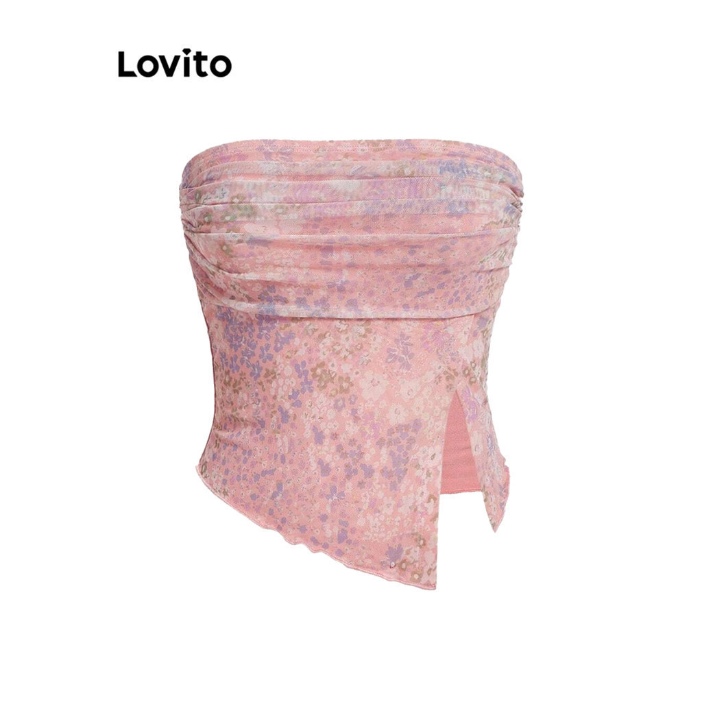 Lovito โบโฮ เสื้อกล้ามเซ็กซี่ คอผูกด้านหลัง ลายดอกไม้เล็กๆ จีบระบาย สำหรับผู้หญิง LAD106637
