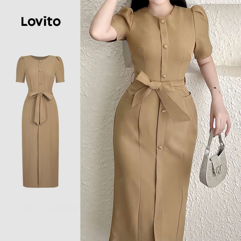 Lovito สง่างาม เดรสสุภาพแบบกระดุมด้านหน้า พร้อมเข็มขัด เดรสสีกากีฤดูใบไม้ผลิ/ฤดูร้อนสําหรับผู้หญิง L34LD056