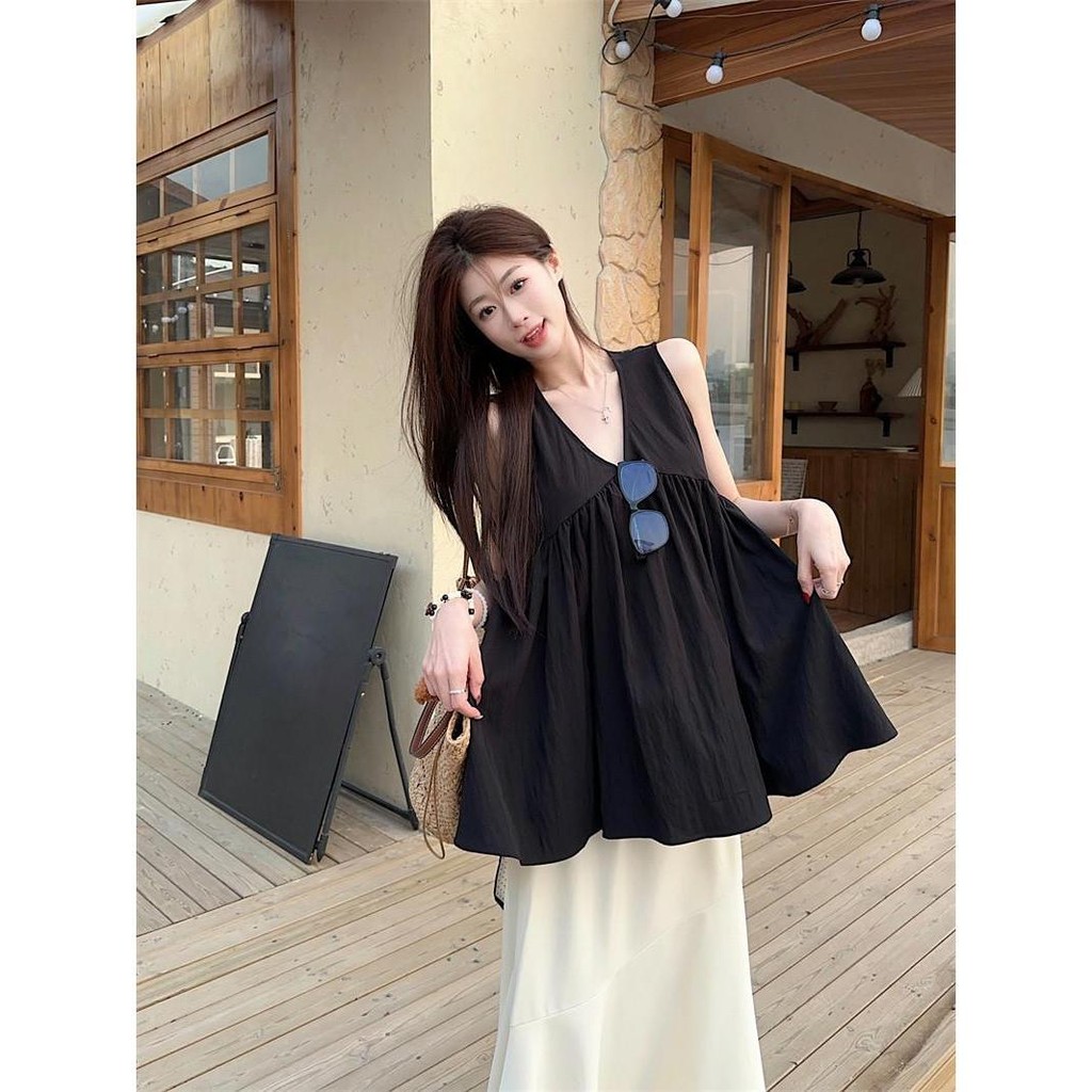 พร้อมส่งเสื้อกล้ามสไตล์เกาหลีสีดำสำหรับผู้หญิงที่จะใส่เป็นชุดคลุมตัวนอกในช่วงฤดูร้อนปี เสื้อกล้ามคอวีแขนกุด ราคา ถูกที่สุด ดีลบีเคเค แกลเลอรีภาพที่ 9