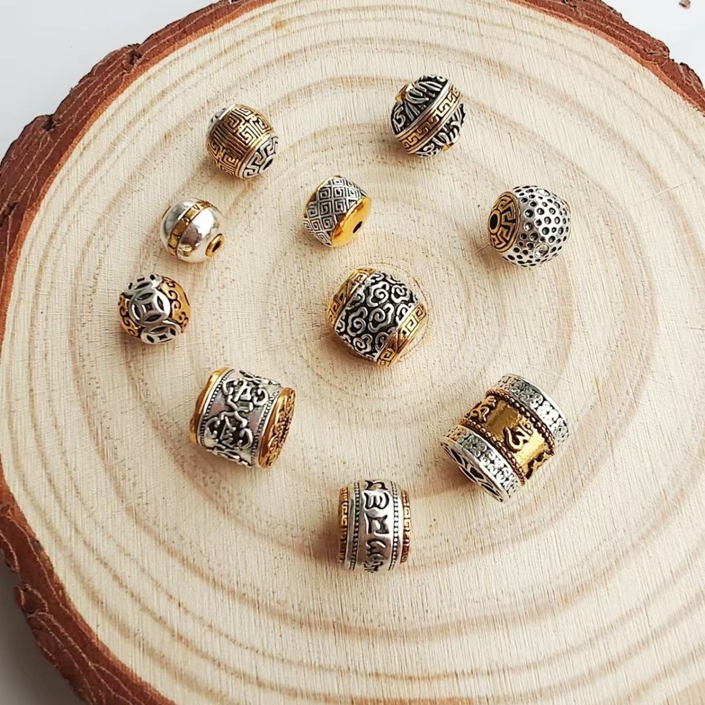 合金材质文玩六字复古回纹腰珠真言饰品配手链隔珠散珠diy手串Alloy material text play six-character retro back pattern waist beads 