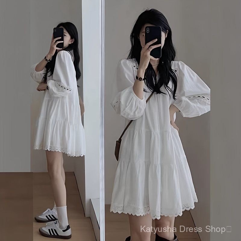 เดรสแขนสามส่วน สไตล์ใหม่ สีขาว พัฟกลวงสไตล์ฝรั่งเศส ขนาดเล็ก ความยาวปานกลาง
