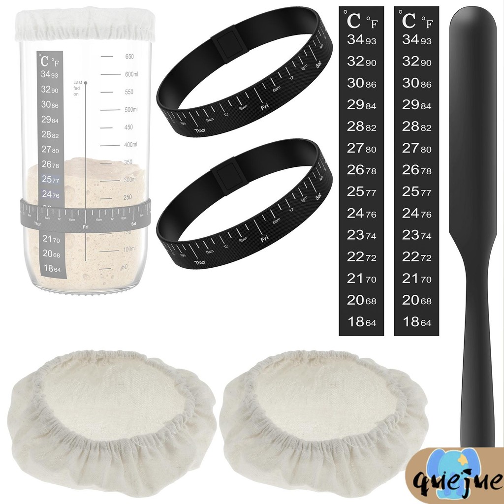 7 ชิ้น Sourdough Starter Kit Sourdough Starter อุปกรณ์เสริมผ้าครอบคลุมอุณหภูมิและวันที่ Marked Feedi