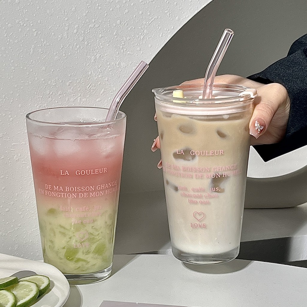 แก้วใสลายตัวอักษรฝรั่งเศส แก้วกาแฟ แก้วนม ชา น้ำผลไม้ พร้อมหลอดแก้วสุดชิค