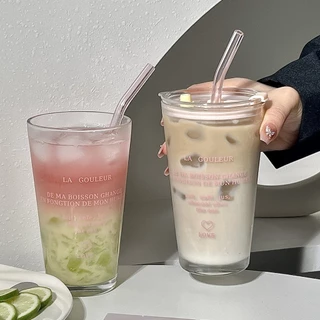 แก้วใสลายตัวอักษรฝรั่งเศส แก้วกาแฟ แก้วนม ชา น้ำผลไม้ พร้อมหลอดแก้วสุดชิค