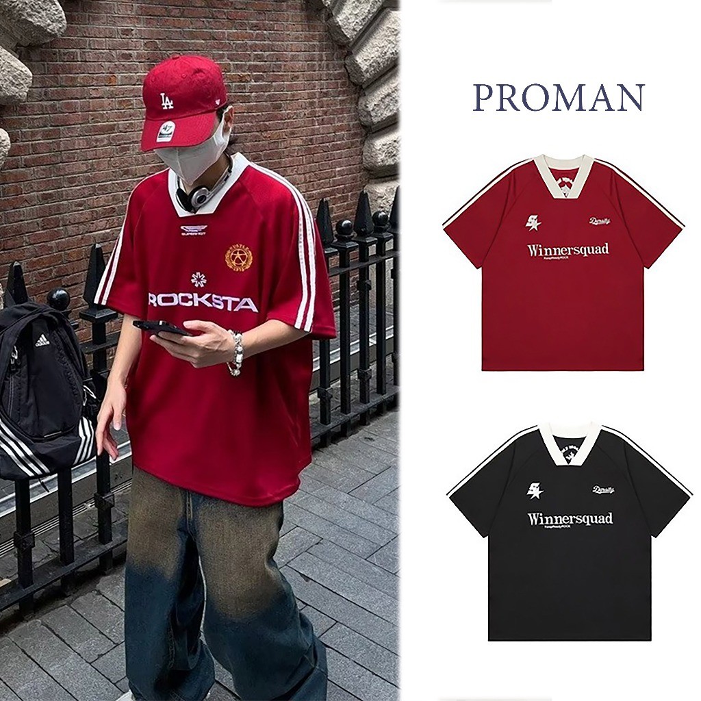 ⚡️Proman⚡️เย็บปักถักร้อย อเมริกัน v คอเสื้อยืดแขนสั้นสำหรับผู้ชายและผู้หญิงหลวมปักสบายๆคู่เสื้อกีฬาครึ่งแขนอินเทรนด์