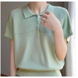 Red Berryเสื้อยืดคอกลมแขนสั้นคอโปโลฤดูร้อนสำหรับผู้หญิง คอตุ๊กตาหลวม แขนไหล่ตก สไตล์บาง 88015