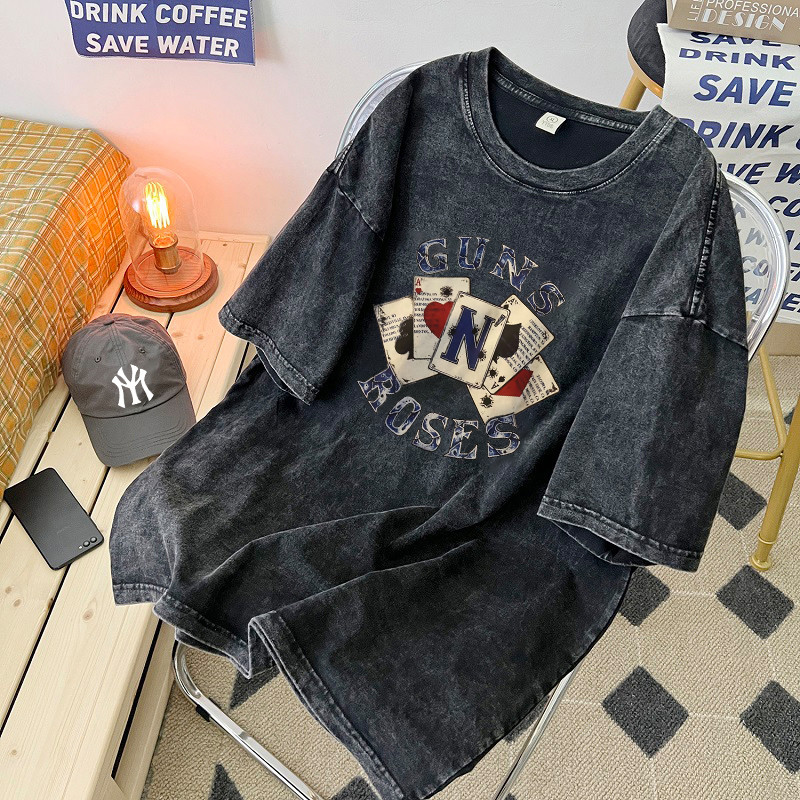 riley เสื้อยืด เสื้อสีดํา เสื้อยืดแขนสั้นคู่รักย้อนยุคซักหนัก