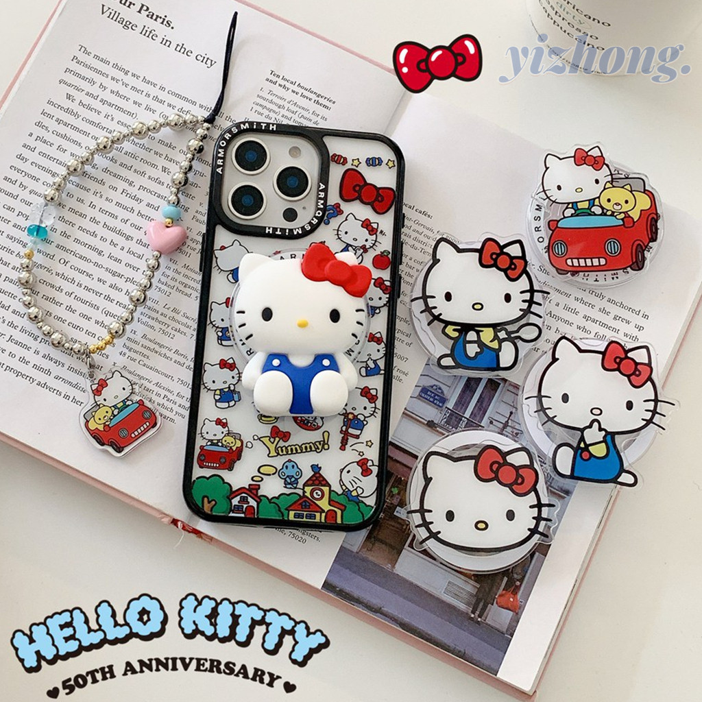 สําหรับ iPhone 16 Pro Max 14 Plus 15 13 12PM 11 แม่เหล็กไร้สายชาร์จสีสัน Hello Kitty รูปแบบ TPU เคสป้องกันน่ารักขาตั้ง Dirt Resistance ฝาครอบกันกระแทก