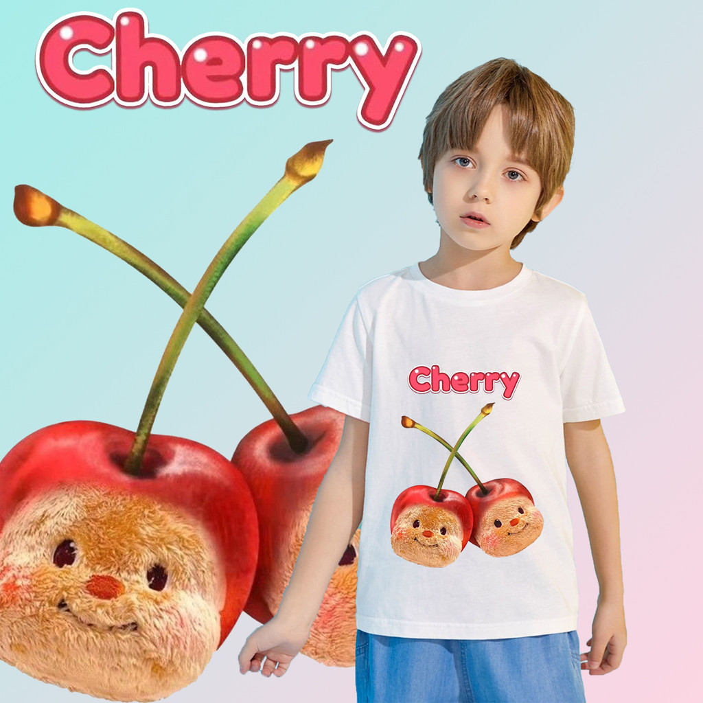 เสื้อยืดผ้าฝ้ายพิมพ์ลาย cherry butter bear print Kids T-shirt /ฤดูร้อนใหม่พิมพ์ลายดอกไม้เด็กรอบคอแขนสั้น/ผ้าฝ้าย 100 %