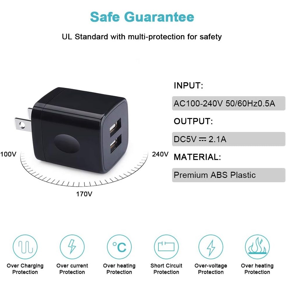 เครื่องชาร์จ Android, 2-Pack 2.1A Dual Port USB ชาร์จบล็อกปลั๊กชาร์จ 6FT Fast ชาร์จสาย Micro USB ที่