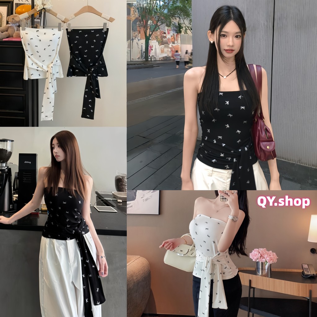 QY.shop เสื้อยืดคอกลม เสื้อเกาะอก ดีเทลลายโบว สีขาวดำ น่ารักมาก มีฟองน้ำในตัว ผูกเอวน่ารัก "FY5588"