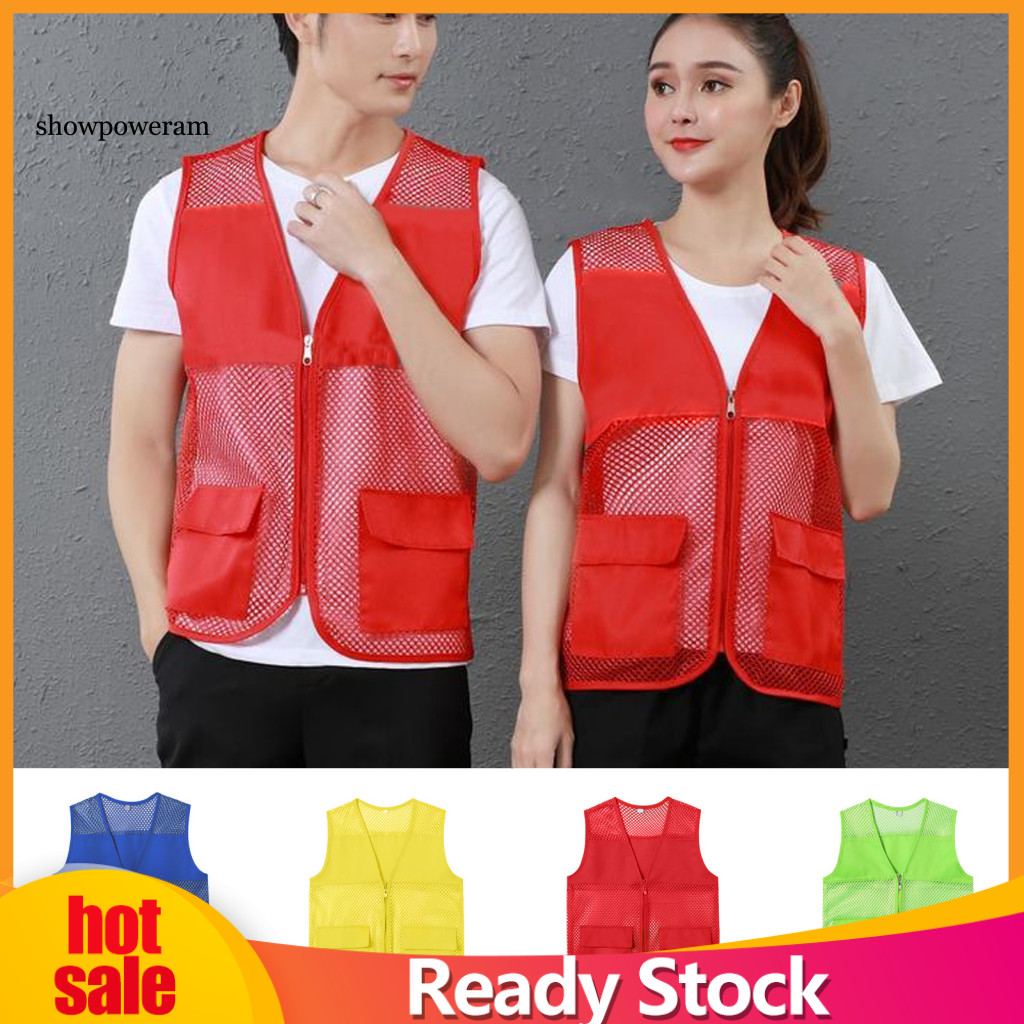 SPM Hollow Out Zipper Placket กระเป๋าคู่ V คอทํางานเสื้อกั๊กอาสาสมัครสีสดใสหลวม Fit เสื้อกั๊ก Unisex