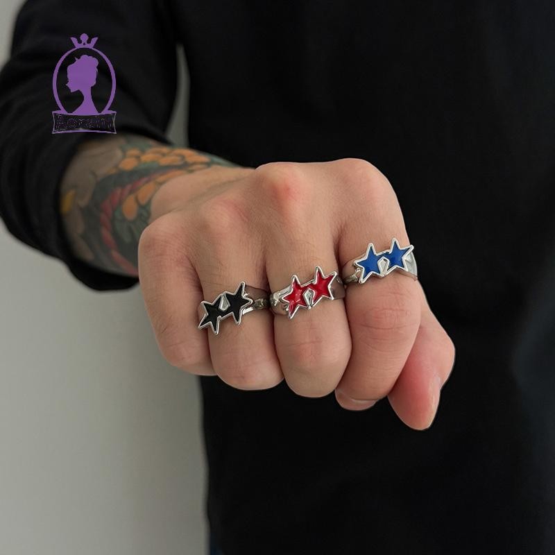 # ANTH # Vintage Black Drip Oil Pentagram Star Open Rings For Women Men Hip Hop Rock Metal Star Adju