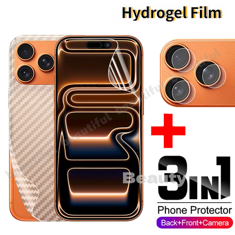 3in1 ฟิล์มไฮโดรเจลด้านหน้าสําหรับiPhone 17 16 15 Pro Max Air 17Pro Max 17Air 16Plus 16Eป้องกันหน้าจอฟิล์มสําหรับiPhone17Proคลุมทั้งหมดเลนส์กล้องปกป้องนุ่มคาร์บอนไฟเบอร์กลับฟิล์ม