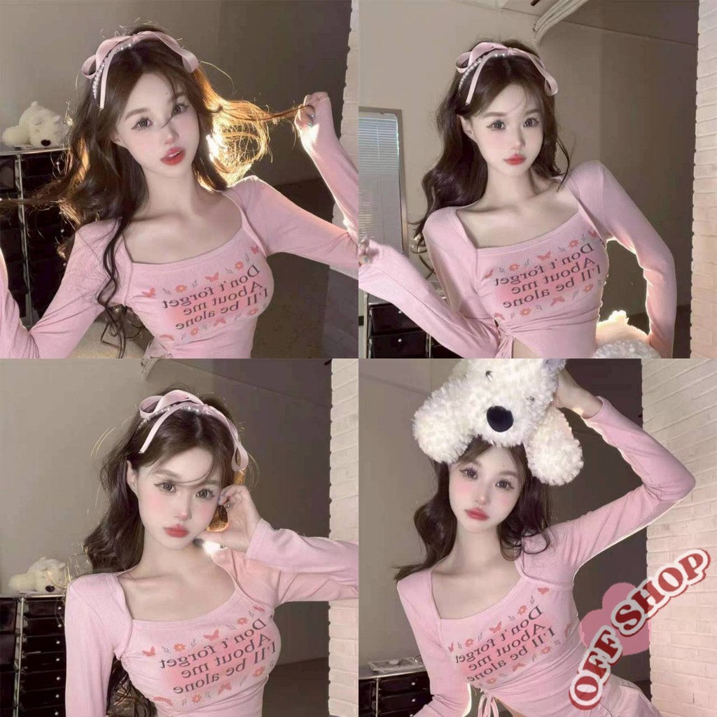 OFF SHOP 🥻ใหม่ 2025 เสื้อแขนยาว คอเหลี่ยม น่ารักสีชมพูยืดพอดีตัว ขอบเอวไม่เท่ากัน' FY334
