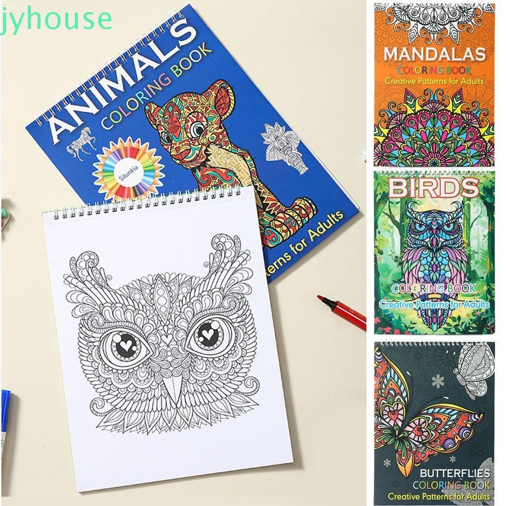 JYHOUSE สมุดระบายสีสําหรับเด็ก Mandala/Birds/Butterfly/Animal Single Side Coloring Pattern สําหรับผู