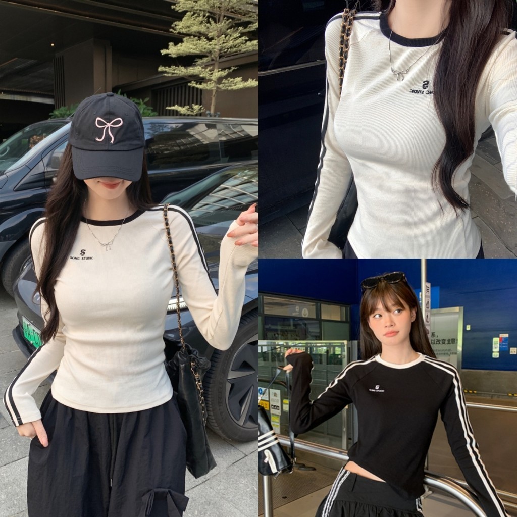 Bella Shop เสื้อยืดผู้หญิงแขนยาว ดีไซน์ลายทาง ดีไซน์ตัวอักษรปัก เสื้อทรงเข้ารูปสไตล์เกาหลี