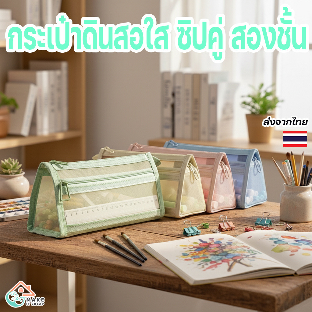 กล่องดินสอใส สองชั้นแบบตาข่าย กระเป๋าดินสอซิปใส่ปากกา สีพาสเทลน่ารัก เหมาะสำหรับนักเรียน