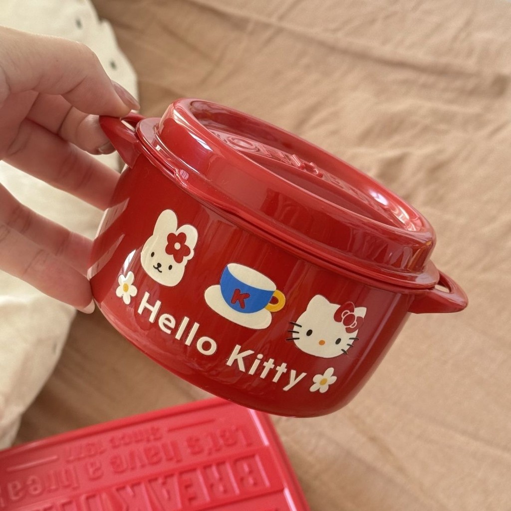 Xiaohongshu Kitty Bento กล่อง PP500ml รั่วฟรีกล่องอาหารกลางวันสีแดง Sub-Packing กล่องไมโครเวฟความร้อ
