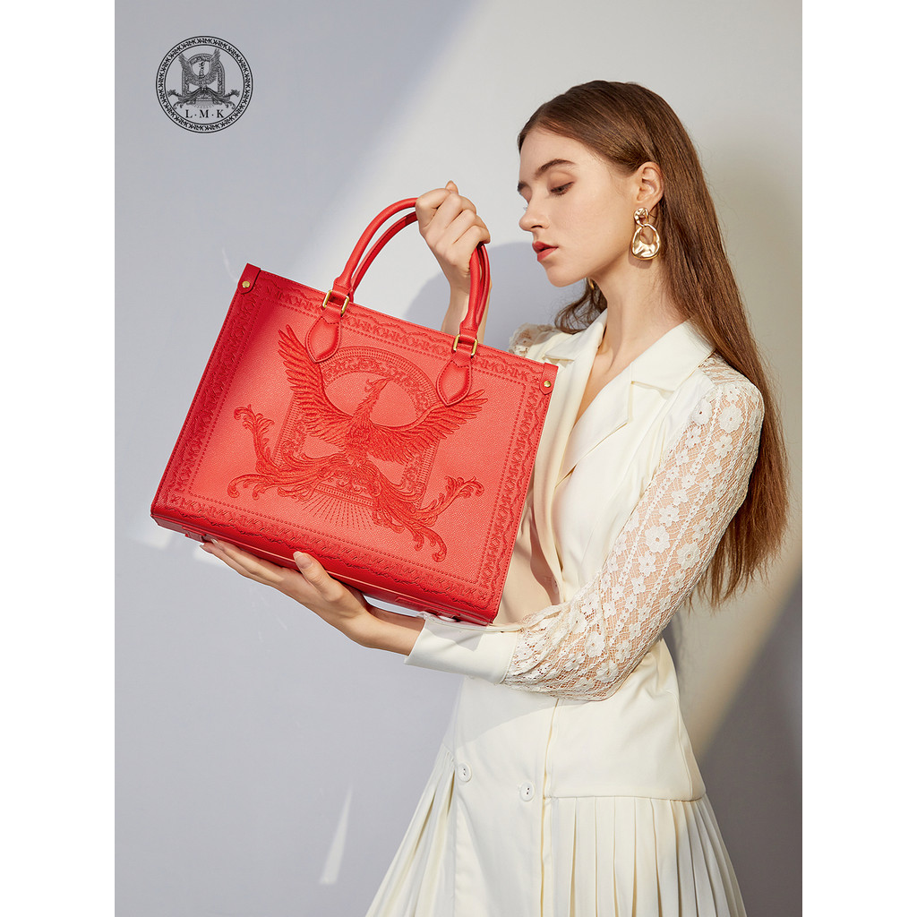 ฝรั่งเศส LMK สีแดงกระเป๋าแต่งงานเจ้าสาว Tote กระเป๋าหญิงขนาดใหญ่ความจุ Phoenix เย็บปักถักร้อย Commut