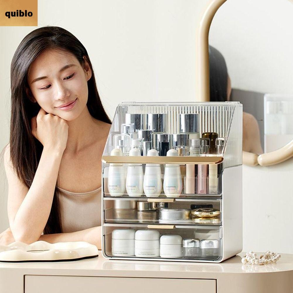 QUIBLO ที่จัดระเบียบเครื่องสําอาง,กล่องเก็บของตั้งโต๊ะกันฝุ่นความจุขนาดใหญ่,ที่เก็บเครื่องสําอางแบบใสดูดีใช้ในบ้าน