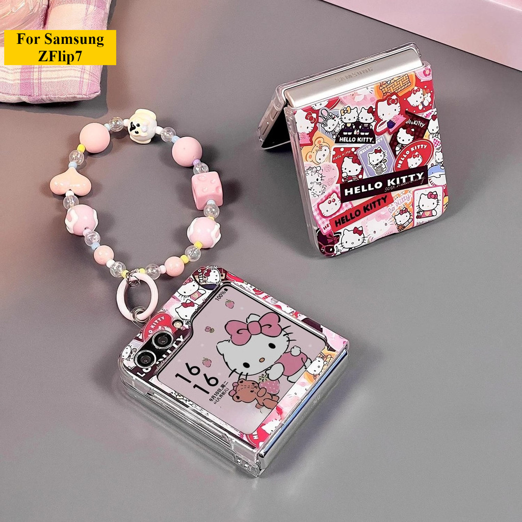เหมาะสําหรับ Samsung Galaxy ZFlip7 zflip6 การ์ตูน Kitty Cat Wave วงเล็บแม่เหล็กเคสโทรศัพท์ Lanyard เปลือกแข็งพับสําหรับ Z Flip 7 6 5 5G N3 MixFlip ShockProof ฝาครอบป้องกัน