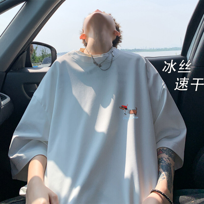 COD 20252025 Summer New Hong Kong Style Outdoor Plus Size Ice Silk Puppy Embroidery T-Shirt M-5X HT2