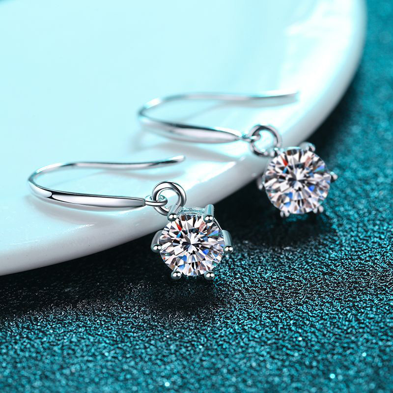 ต่างหู_moissanite_แพลทินัม_PT950 ออกแบบคลาสสิก 6 ก้าน กรุบเพชรเทียม พร้อมสร้อยหู ทองคำขาว 18K สไตล์ใ