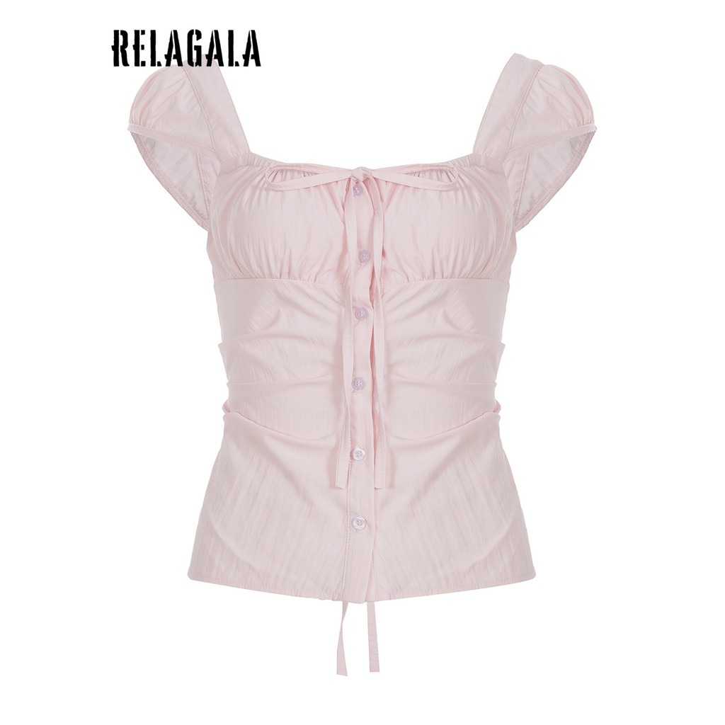 RELAGALA เสื้อผู้หญิง สีทึบ ดีไซน์แฟชั่น คอสี่เหลี่ยม มัดยันเอว