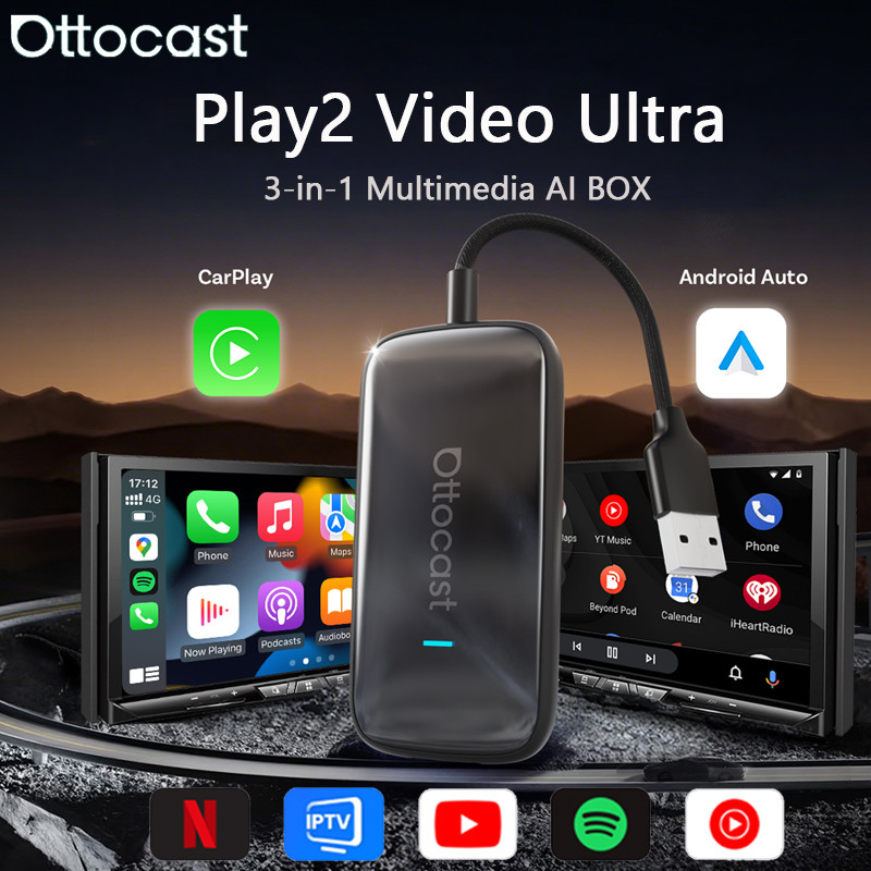 OTTOCAST Play2Video Ultra Carplay Ai Box อะแดปเตอร์อัตโนมัติ Android ไร้สายในตัว Youtube Netflix