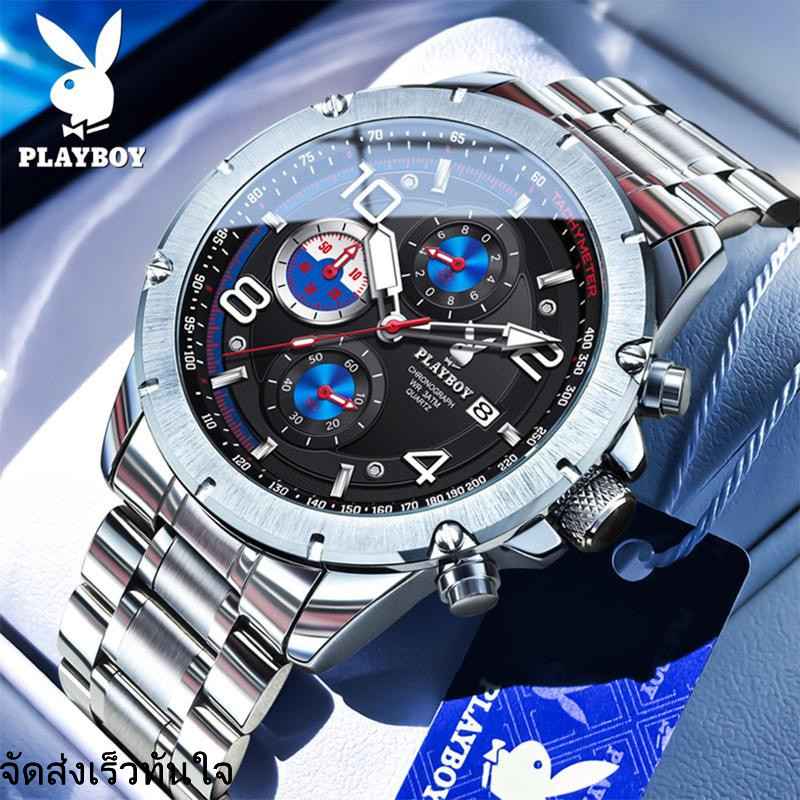 【2025 รุ่นใหม่】PLAYBOY นาฬิกาผู้ชาย ของแท้ ดีไซน์สไตล์กลไก เหมาะสำหรับลุคธุรกิจ สายสแตนเลส กันน้ำ จั