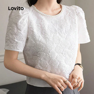 Lovito สง่างาม เสื้อบลุสโสลายจาคการ์ดไข่มุก สบายและนุ่มนวล เสื้อบลูสซีสำหรับฤดูใบไม้ผลิ/ฤดูร้อน สีขาว L137ED806