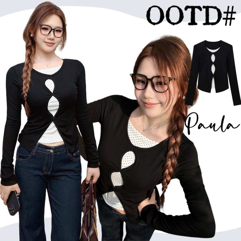Paula พร้อมส่ง🌴เสื้อเชิ้ตแขนยาว🌴สองชิ้นติดกัน แต่งตัวง่าย เรียบง่าย ทรงรัดรูป ลายโพกาดอ สีดำ แฟชั่นผู้หญิง สไตล์เกาหลี