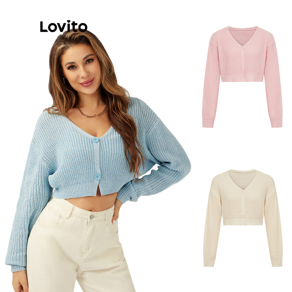 Lovito เสื้อคาร์ดิแกนลําลองเสื้อคาร์ดิแกนสเวตเตอร์ติดกระดุมแขนยาวคอวีสีพื้นสําหรับผู้หญิง L21LT110 (