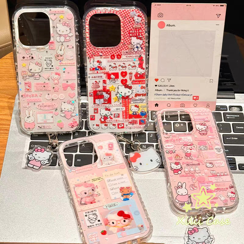 เคสไอโฟน 15 16 11 สำหรับ IPhone 16 13 15 11 14 12 Pro Max 15 16 14 Plus ดูเดิลกายด์ดาวโบว์เฮลโลคิตตี้น่ารักครอบคลุม IMD