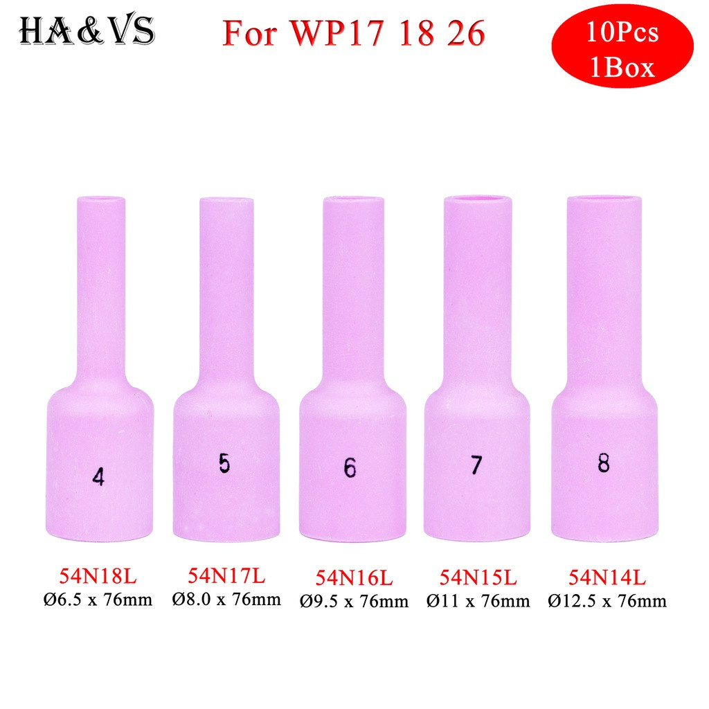 10 ชิ้นต่อกล่อง 76 มิลลิเมตร 54N14L 54N15L 54N16L 54N17L 54N18L อลูมิเนียมหัวฉีดสําหรับ TIG WP17 18 