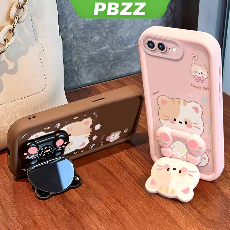 เคสสําหรับ iphone 7 plus 7p 8p 8 plus se 2 ipnone se เคสโทรศัพท์ Softcase ซิลิโคนกันกระแทกปกใหม่ความงามการออกแบบพร้อมที่วาง 360° กระจกแต่งหน้า แมวน่ารัก สําหรับเด็กผู้หญิง JTXMMZJ